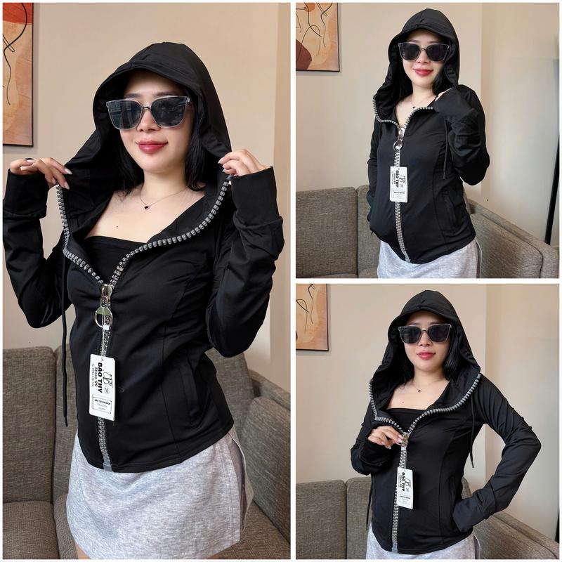  Áo khoác THUN LẠNH dây kéo to 4 túi  nữ Women Top Thun - Kem - Jacket symbolic  áo áo  khoác 