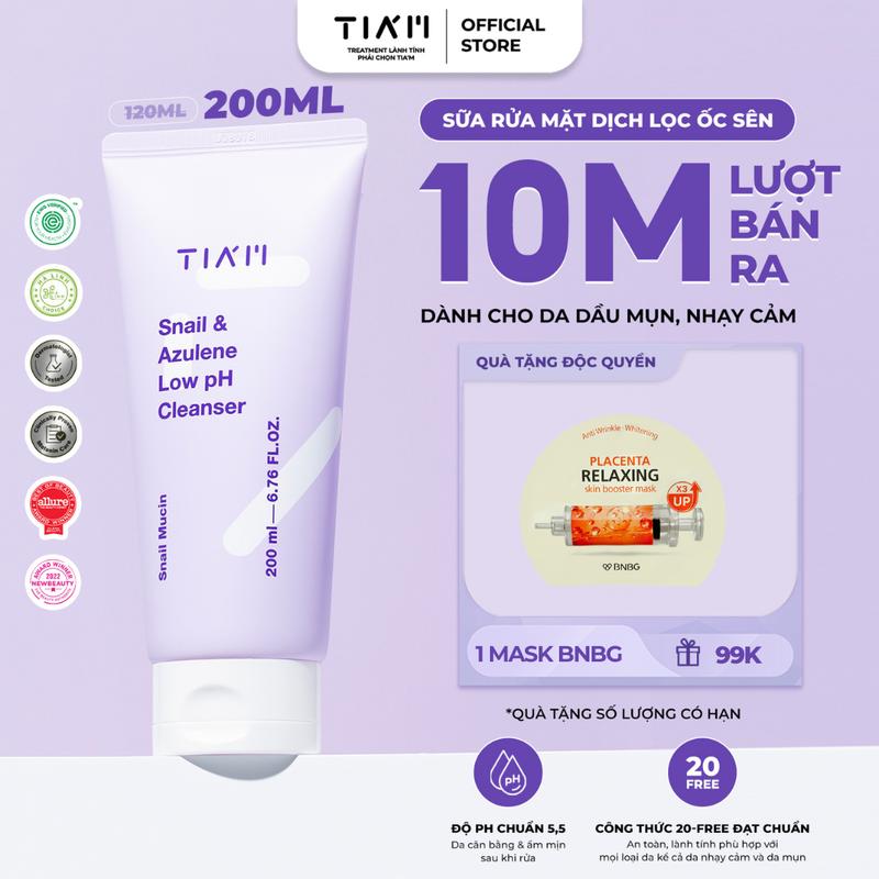 Sữa Rửa Mặt Tinh Chất Dịch Lọc Ốc Sên Làm Dịu Và Hỗ Trợ Phục Hồi Dành Cho Da Dầu Mụn Nhạy Cảm TIA’M Snail & Azulene Low pH Cleanser 200ml
