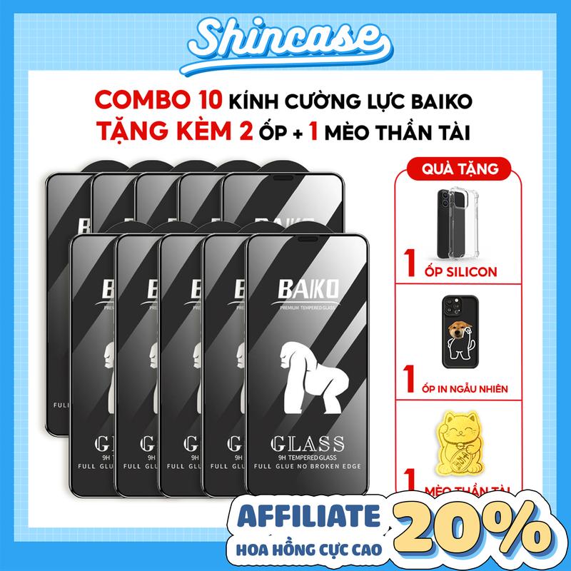  COMBO 10 KÍNH CƯỜNG LỰC BAIKO CAO CẤP  50-8-1  Tặng Kèm 1 Ốp In Ngẫu Nhiên 1 Ốp Silicon Trong Suốt Và Miếng Dán Mèo Thần Tài cho iPhone 6 6s 7 8 Plus X XS XR 11 12 13 14 15 16 17 Pro Max Mini 