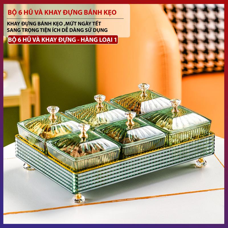 Bộ 6 Hũ Và Khay Đựng Bánh Kẹo Mứt Cao Cấp Ngày Tết Kiêm Khay Đựng Hoa Quả Tiện Tích Sang Trọng Trang Trí Nhà Cửa Ngày Tết, Lễ Mẫu Mới 2025