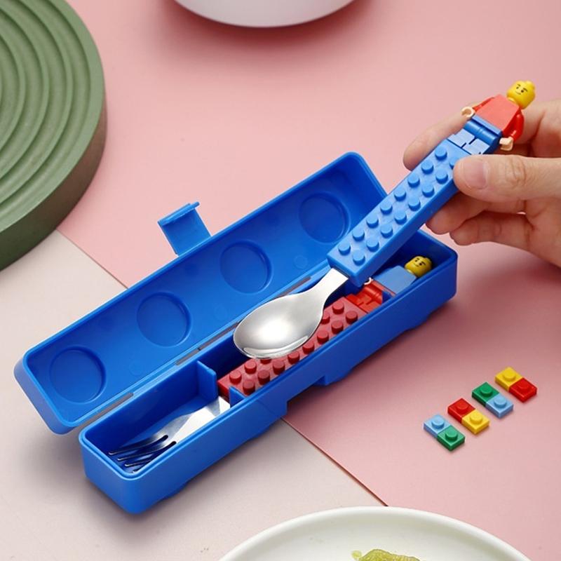 Cartoon Creative Portable Tableware Baby Stainless Steel Tableware Fun Children Assembled Building Blocks Fork Spoon Set Portable Tableware 2