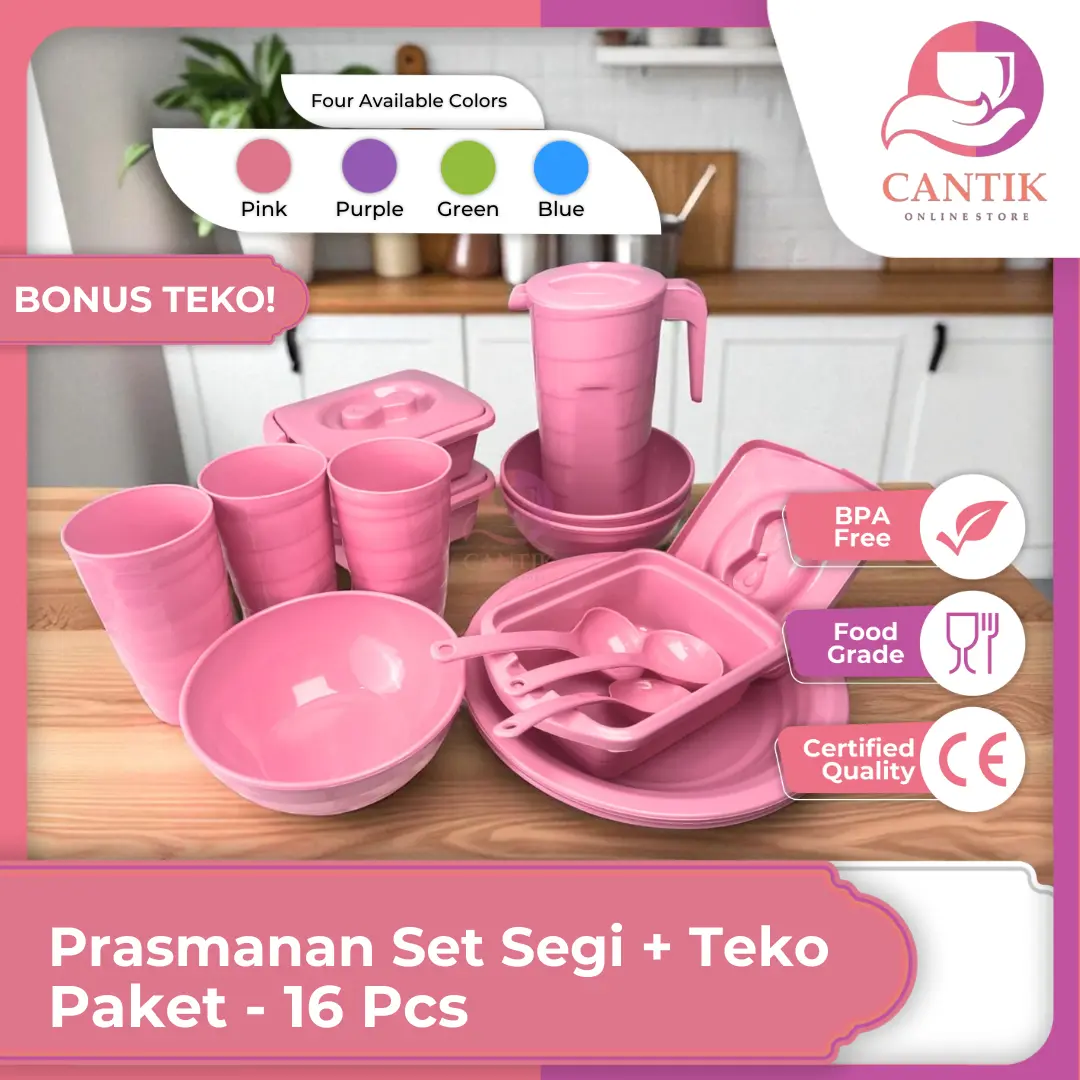 Prasmanan mini set COMBO Teko KULKAS isi 16 pcs  (3 Basi Mini 500ml + 3 Piring Makan Bulat +3 Mangkok Ulir+3 Gelas Ulir + Centong Sayur) Bonus Teko CoolPod  Plastik PP 5 Tahan panas BPA Free Food Grade Kitchenware Kotak Segi Warna Pink