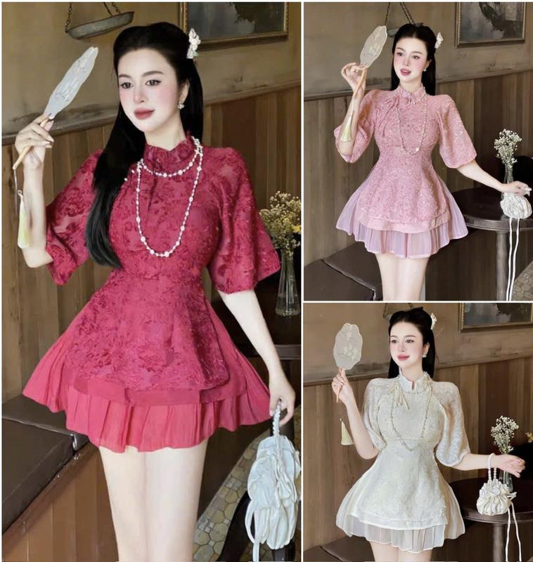  Sét áo dài cách tân nữ mặc tết chất tơ lông 2 lớp tay lỡ cổ tàu cột nơ kèm chân váy voan tơ có lót - Top Women 