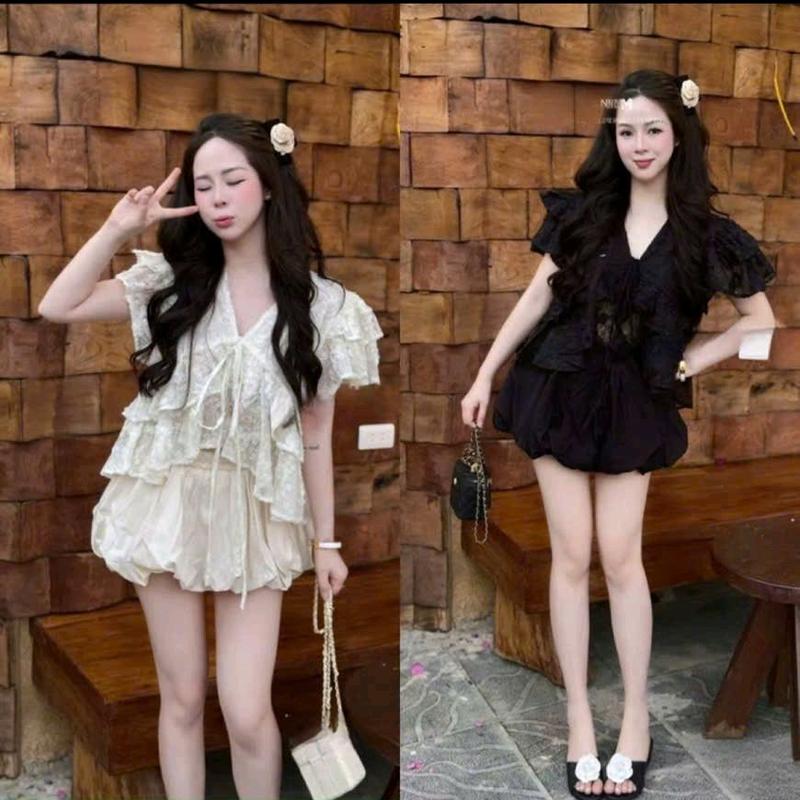 Live/SET VÁY REN CỔ V TAY CÁNH TIÊN MIX CHÂN VÁY PHỒNG KIỂU BÍ ( BigSize 48-90kg)