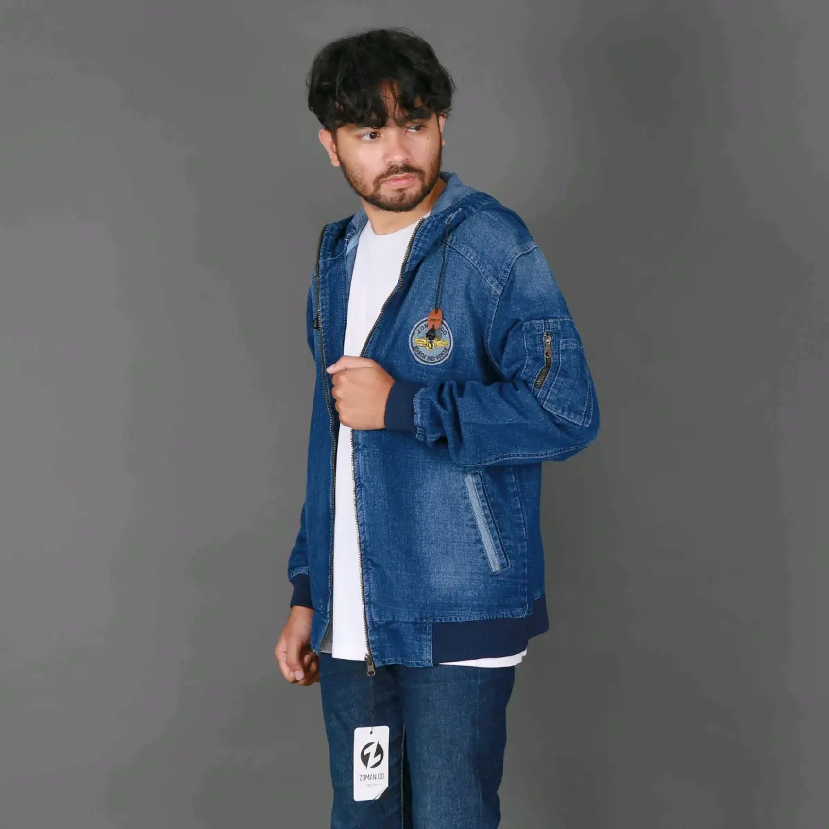 Jaket Bomber Jeans Topi Navy Blue M L XL dan XXL