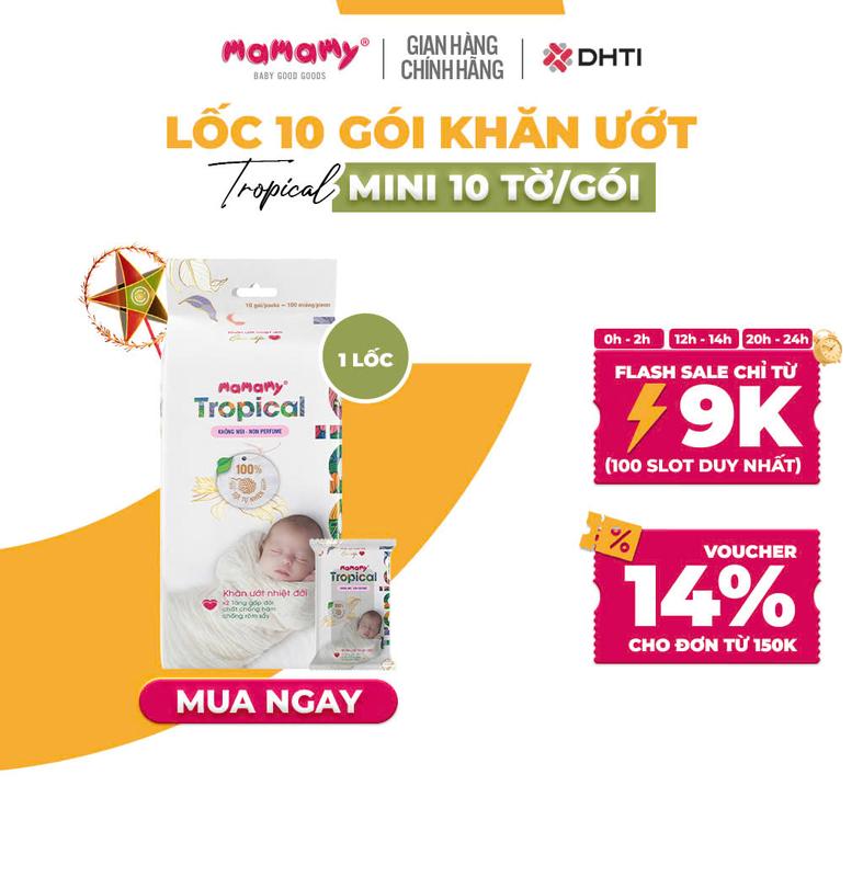 Lốc khăn ướt mini Mamamy Tropical 10 tờ/gói không hương thơm, cao cấp chính hãng cho mẹ và bé, bỏ túi tiện lợi, sợi vải thuần tự nhiên và rayon, bổ sung tinh chất thiên nhiên