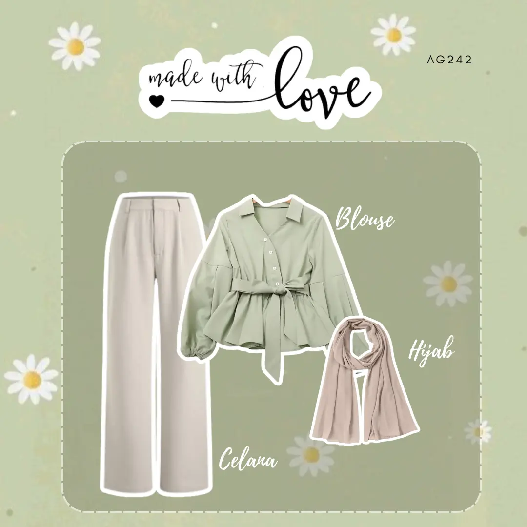 OOTD One Set Wanita 3in1 Outfit Set Korean Style Terbaru | Blouse Mint + Celana Ivory + Hijab | SET AG242