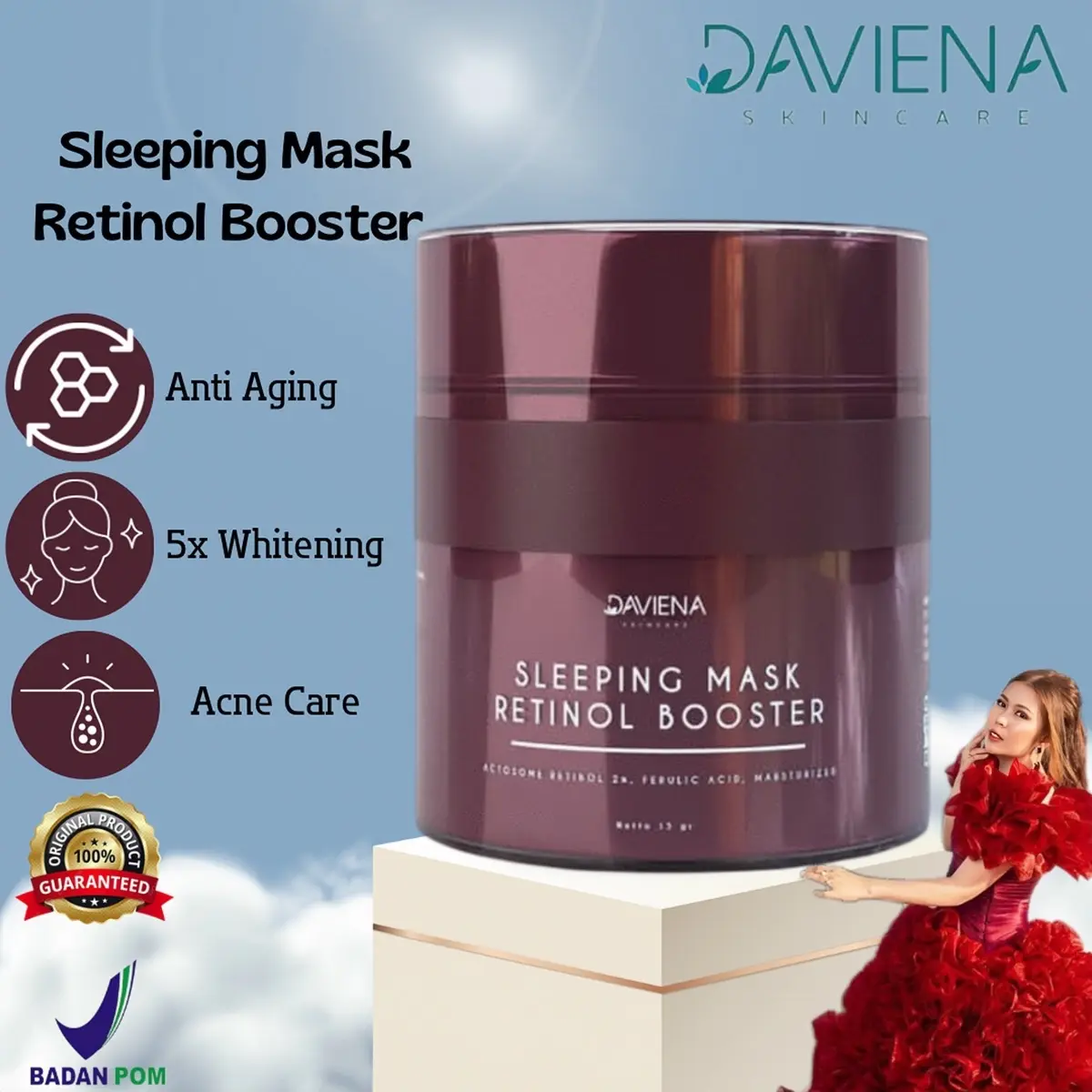 RETINOL BOOSTER DAVIENA SKINCARE | MENCERAHKAN | SLEEPING MASK Perawatan Wajah  Masker Mengencangkan Glycolic Hitam Acid Pria