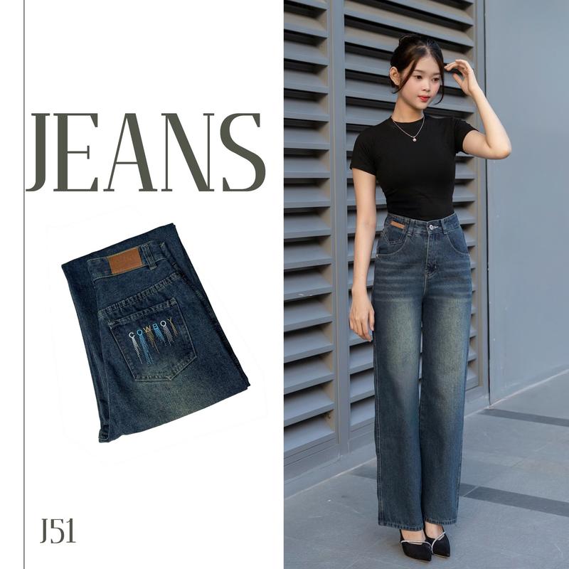 ( J - 51 ) Quần Jean Form Ống Suông Nữ ,  tone màu xanh đậm wash bụi vàng, điểm nhấn thêu hoạ tiết sau túi ( S -XXL) Nữ Women Pants