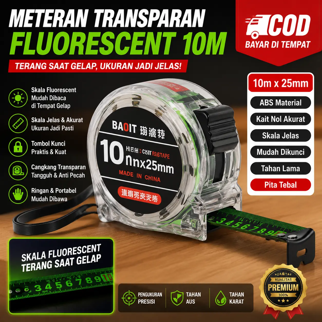 10M Meteran transparan Pita Pengukur Baja Penggaris Fluoresensi Transparan Penggaris Pengukur Presisi Tinggi Meteran Anti Karat 5M / 7.5M / 10M COD