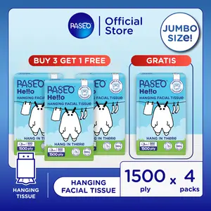 Paseo Hello BUY 3 FREE 1 Tisu Gantung 3Ply 1500 Helai Emboss JUMBO SIZE Tisu Wajah | Hanging Facial Tissue 1500 ply Family Value Pack