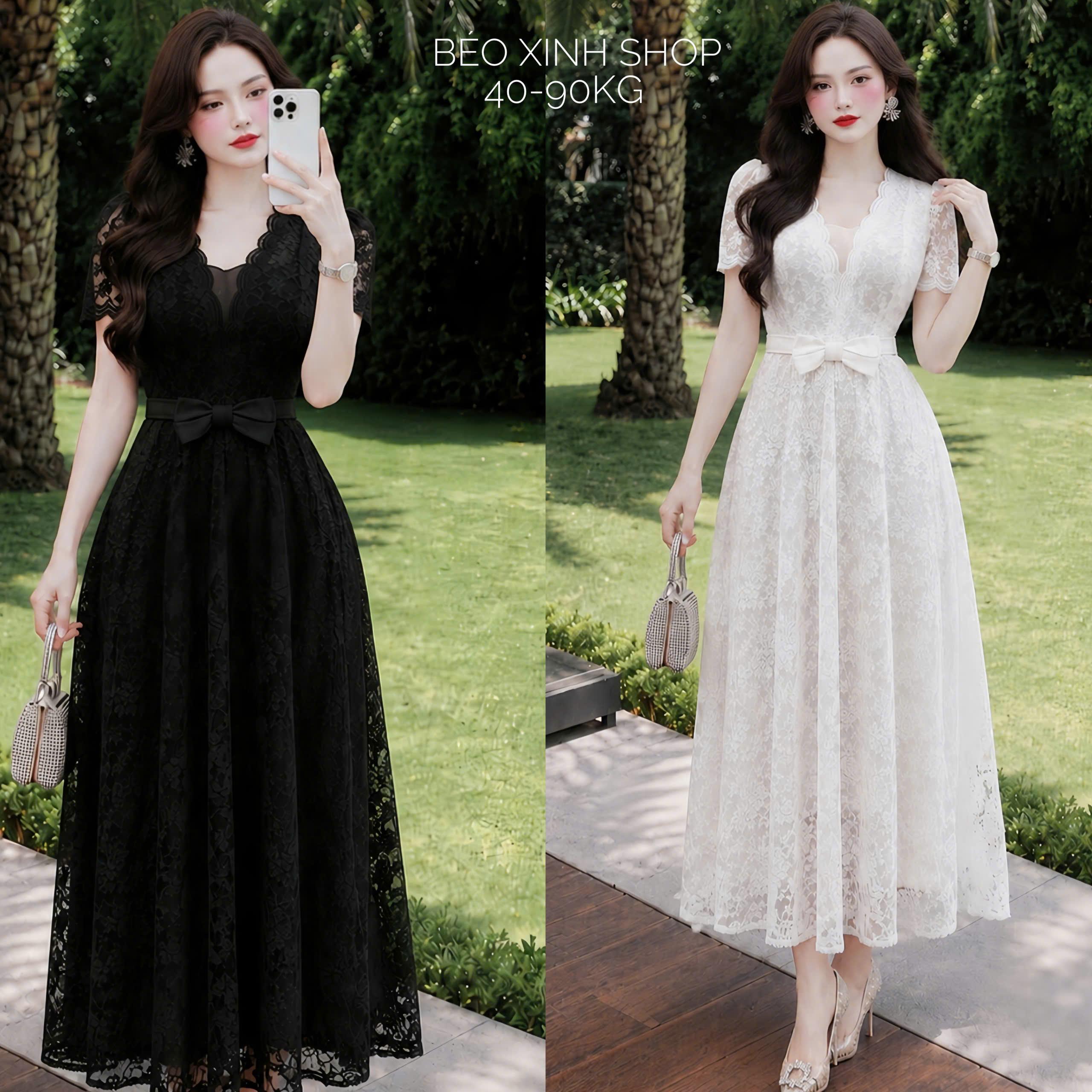 Đầm Ren 2 Lớp Cao Cấp Cổ V Phối Nơ Eo, Váy Dài Dự Tiệc Có Bigsize 40–90kg Thời Trang Nữ Váy Thiết Kế Béo Xinh Shop - B.1865
