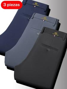Paquete de 3 pantalones para hombre: pantalones formales de pierna recta con ajuste entallado y tejido elástico, cintura elástica, pantalones de trabajo/negocios, estilo formal y casual, pantalones chinos con bolsillo trasero.