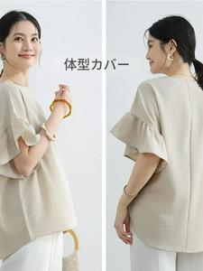 コットンリネン 半袖Tシャツ、パッチワークの袖、無地、ルーズフィット、着痩せ効果、カジュアルなラウンドネックトップス、新作