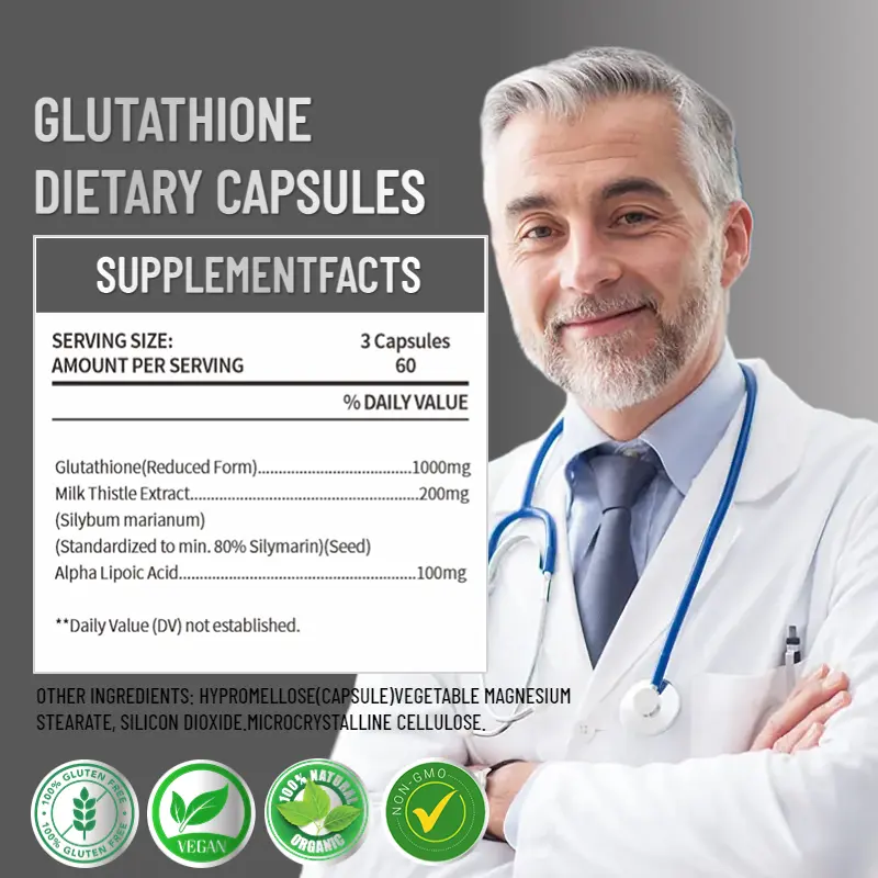 Suplemen Glutathione 1000mg, 60 Kapsul Vegetarian, 5 Kali Efektif Memutihkan, Anti Penuaan, Menghilangkan Bintik, Perlindungan Hati, Detoksifikasi, Non-Transgenik 2