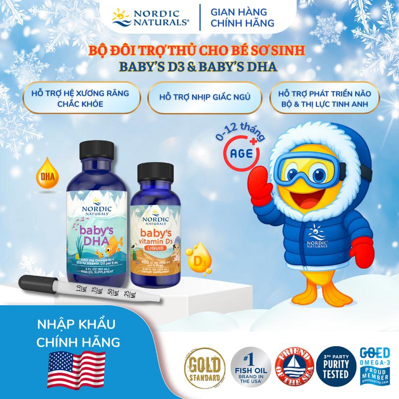 Combo Baby DHA & Baby Vitamin D3 Nordic Naturals hỗ trợ phát triển toàn diện trí não & hệ xương răng cho bé sơ sinh 0-12 tháng