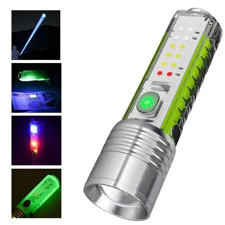 Powerful Super Bright LED Flashlight Zoomable White Laser Tactical Torch Rechargeable Violet Money Detector Light Magnetic Torch Outdoor Camping Hiking Emergency Lamp Waterproof