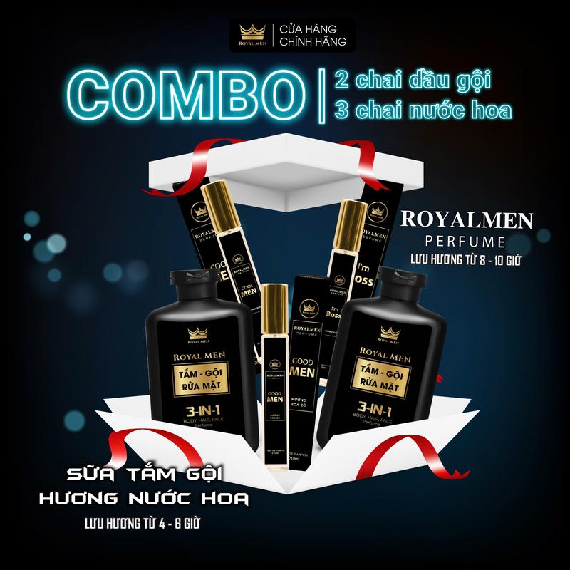 COMBO 5 MÓN QUÀ TẶNG 2 DẦU GỘI -SỮA TẮM + 3 NƯỚC HOA CAO CẤP THƠM LÂU ROYAL MEN Lăn Khử Dung dịch Khẩu trang man made