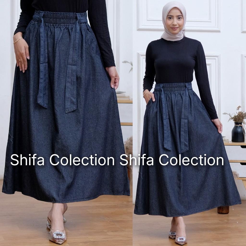 Rok Jeans Panjang Wanita Model Payung Fita Kekinian Bahan Original Jeans Wash Premium 6,5 Ons / Rok Jeans / Rok Panjang Wanita / Rok Jeans Jumbo / Rok Jeans Panjang BB ± 35 - 85 kg Denim Nyaman Variasi Hitam Biru Navy Samping