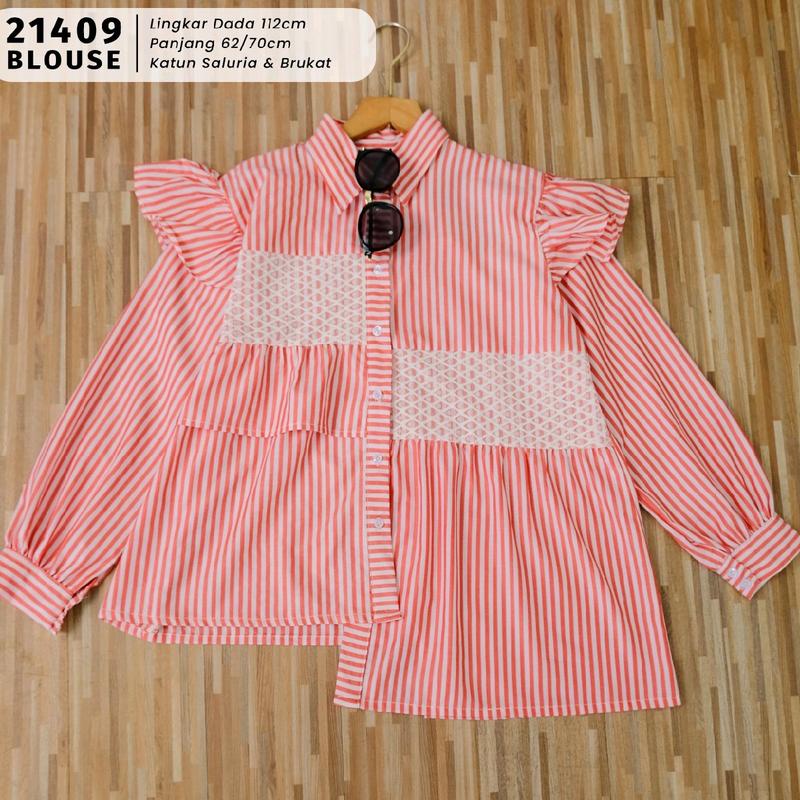 Kemeja Motif Salur kombi Brukat / Atasan Kemeja Wanita Model Terbari Trendi 2024 / Kemeja Motif Salur Size M L XL Murah Nyaman Katun 6