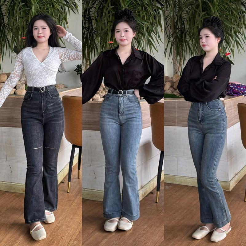 Quần Jean Ống Loe Nữ Lưng Cao Basic, Phối Thêu Nơ chân & Trái tim túi Phong cách, Chất vải Mềm Mại Co giãn M626 Women Pants