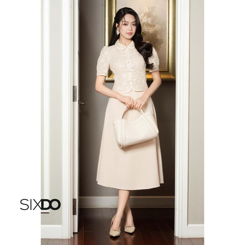 Chân váy midi woven dáng xòe SIXDO Beige Woven Flared Skirt