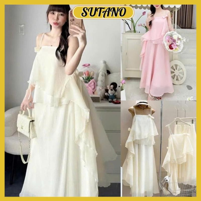 Set váy áo hai dây tơ lụa vạt lệch mix chân váy dài tiểu thư bồng bềnh đi chơi đi biển B155 SUTANO