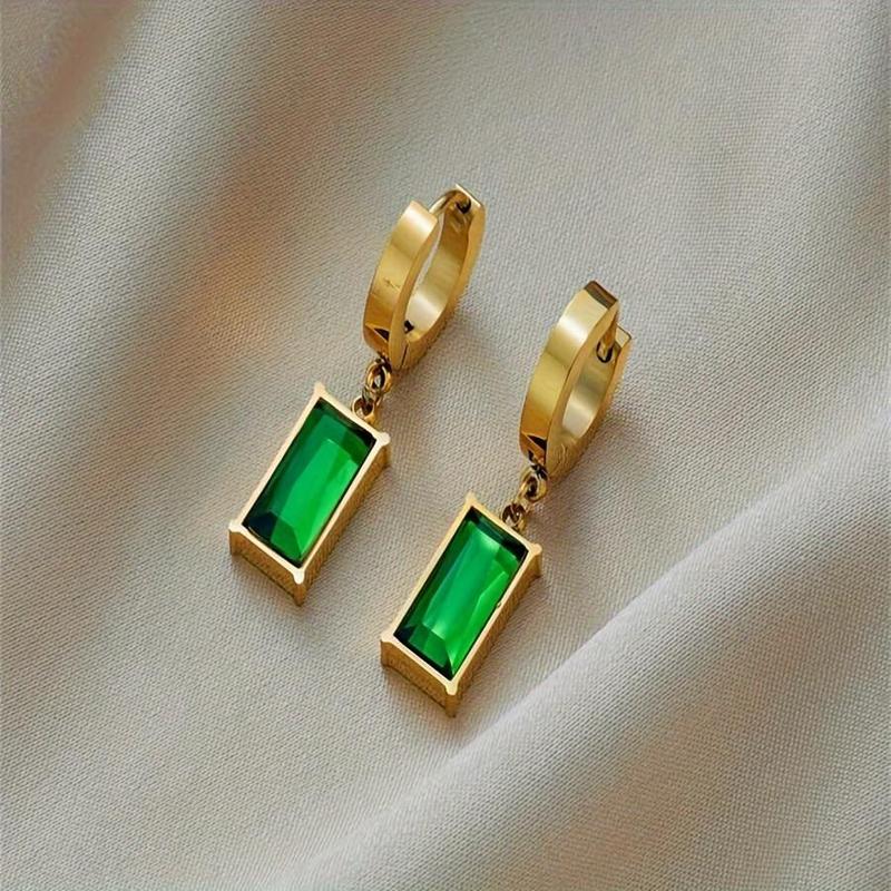 Product Introduction of 3 piece elegant minimalist necklace and earrings set, gold tone snake chain rectangular emerald green cubic zirconia pendant and hoop earrings 11