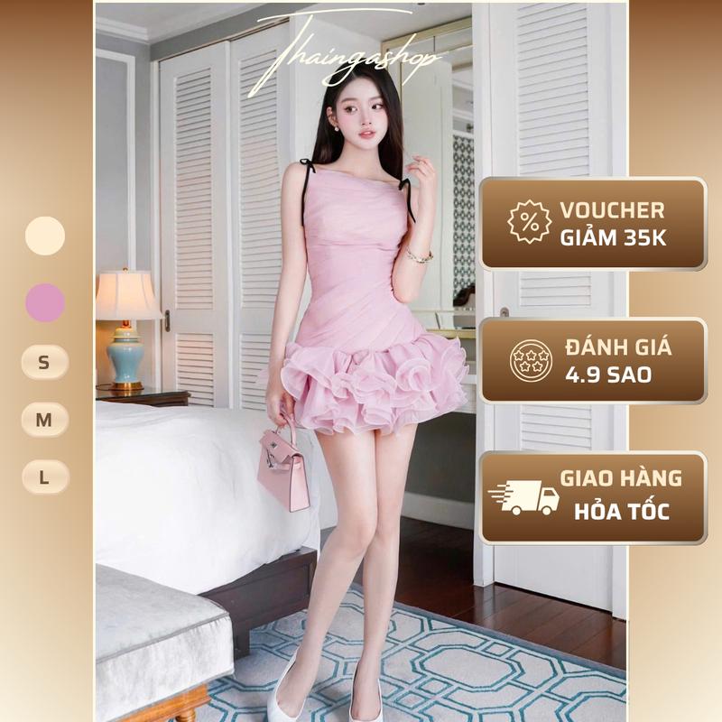 Đầm Đi Tiệc Voan Tơ Dáng Ngắn Chân Bèo Thắt Dây Đen Màu Hồng Màu Nude Size S M L Thanh Lịch