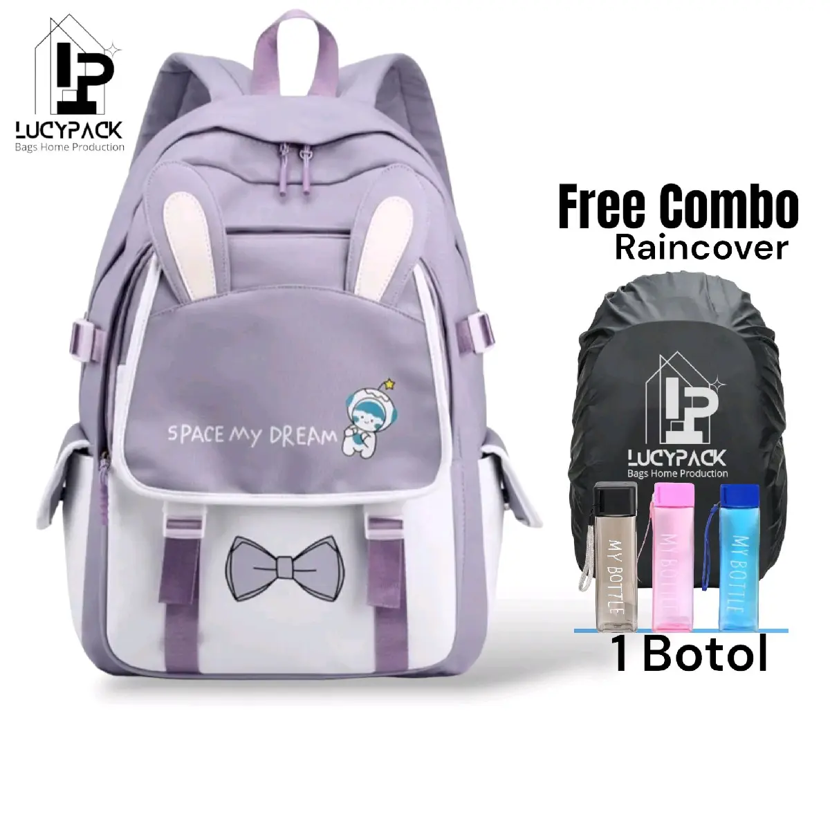 Tas Ransel Anak Perempuan Combo Botol Minum Raincover Waterproop Tas Backpack Fashion Anak Sekolah Perempuan Muatan Besar anti air buat tsa approved cuci kering