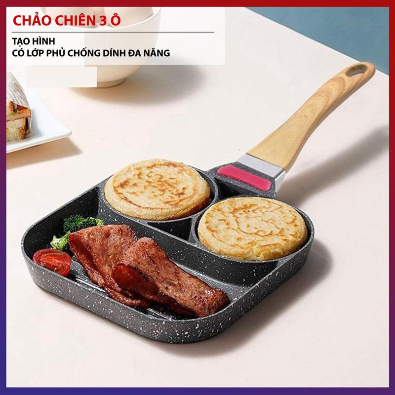 Chảo Chiên Rán Trứng Làm Bánh 3 Ngăn 3 Lỗ Chống Dính Khuôn Chảo Chống Dính Tay Cầm Gỗ