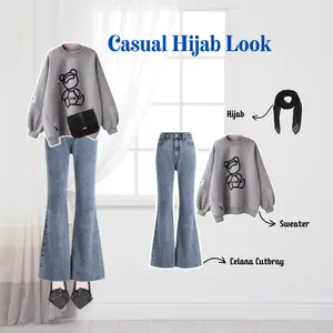 Casual Hijab Look One Set 3in1 (Sweater-Hijab-Celana) Outfit Jalan Bukber Setelan Ala Remaja Wanita BC82