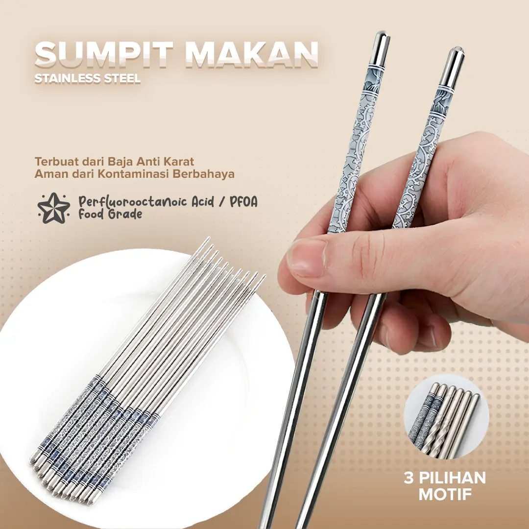 Sumpit Makan Stainless Steel 304 | Sumpit Stainless Steel Chopstick High Quality | Ulir Porselen Polos Ukuran 22