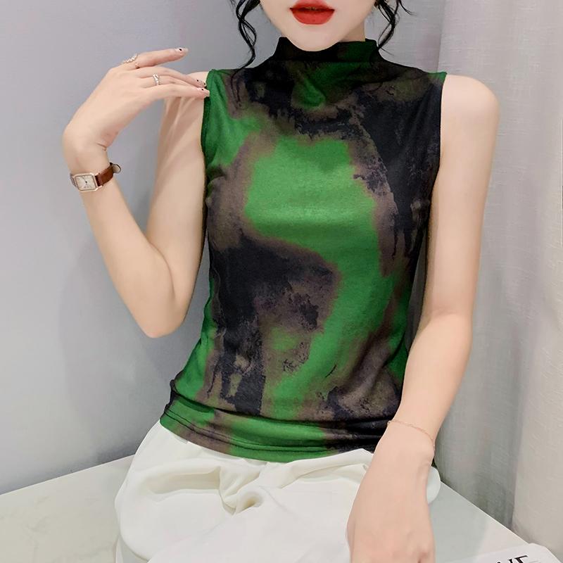 Áo Thun Cổ Cao Không Tay Màu Xanh Lá Cây In Hình Thời Trang Mới Mùa Hè REHIN Dáng Ôm Và Thanh Lịch Áo Áo Cánh Nữ Top Women