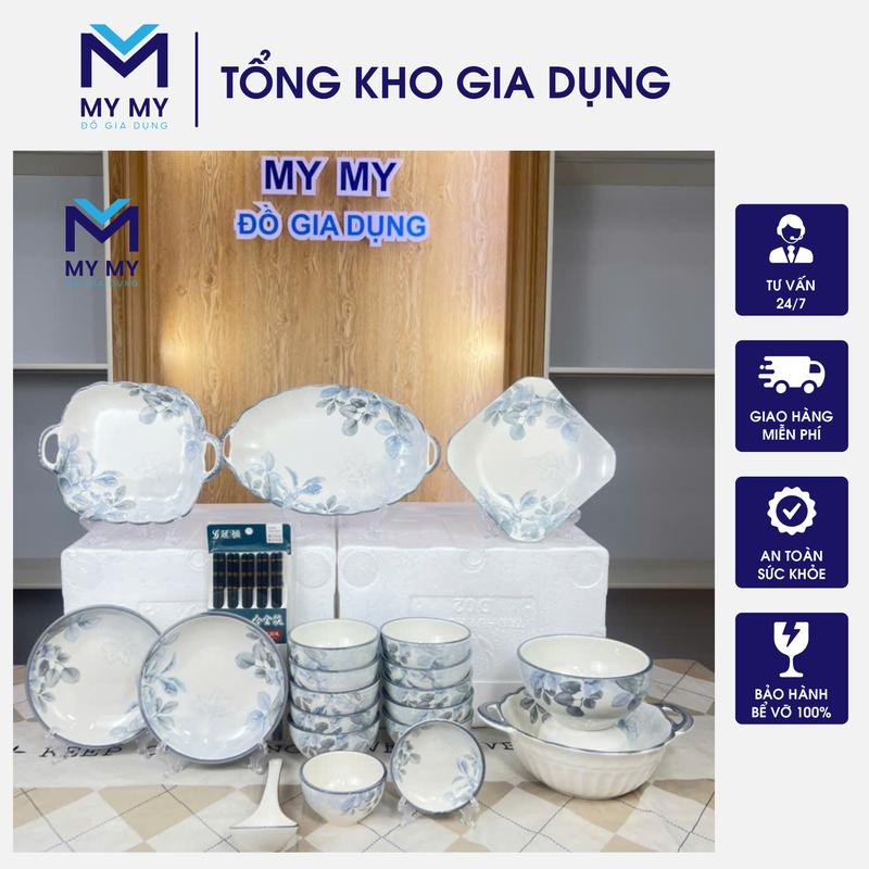 Bộ Bát Đĩa Sứ Cao Cấp Hoa Văn Lá Xanh – MY MY Đồ Gia Dụng