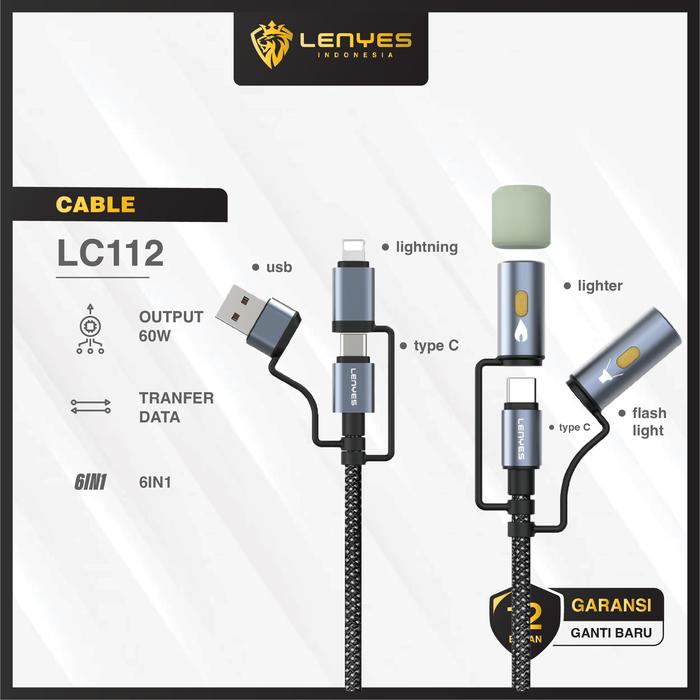 Gambar LENYES LC112 6 IN 1 Kabel Data Fast Charging 60W Type C To Lightning USB Multifungsi Korek Api Elektrik Lampu LED 1 Meter dari LENYES INDONESIA Kota Administrasi Jakarta Pusat Tokopedia