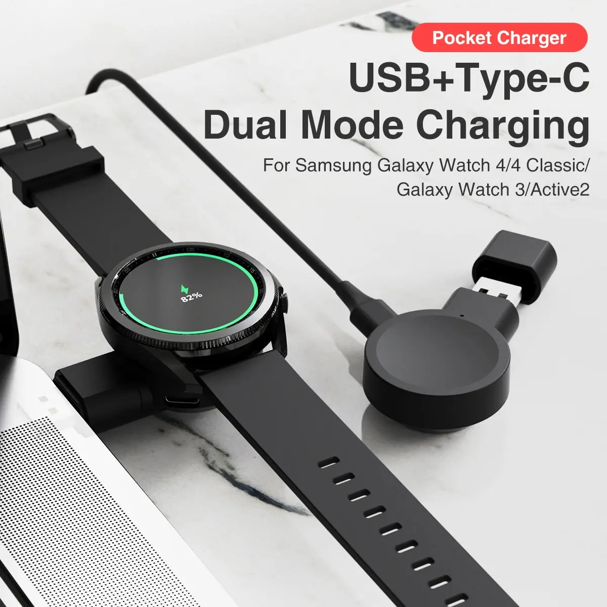 Đế sạc kép, Bộ Chuyển Đổi không dây loại C USB, Đế sạc, Tương thích với Galaxy Watch 5 / 5 Pro / Galaxy 4 / 3 / Active 2, Phụ kiện đồng Đồng Hồ Galaxy, Màu đen