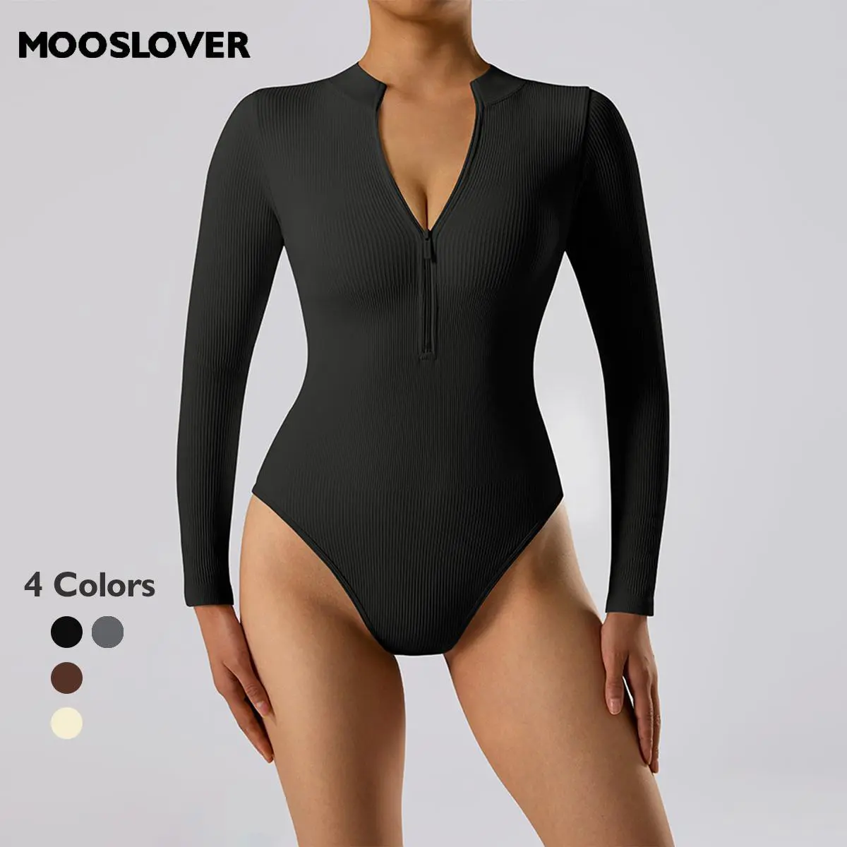 Mooslover Livestream - Sexy Ribbed One Piece Zip Front Long Sleeve Top Bodysuits