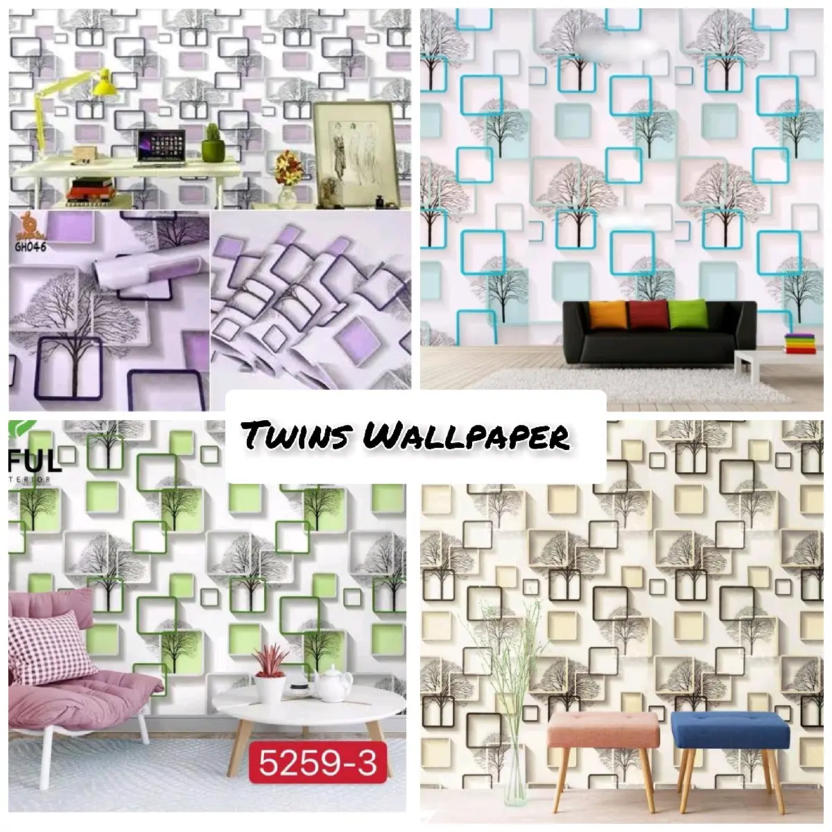 Wallpaper Dinding Motif Kotak Hijau, Ungu, Biru, Cream, UK 10 M X 45 CM Premium, Tinggal Tempel Pvc