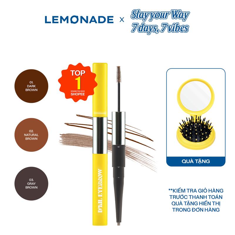 [MUA 1 TẶNG 1] MUA 01 Chì kẻ mày 2 đầu bền màu Lemonade Dual Eyebrow 2.75g TẶNG 01 Gương lược gấp gọn 2 trong 1 35g