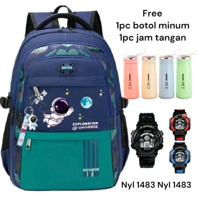 Tas ransel anak sekolah SD motif astronot gratis botol dan jam Tas Punggung sekolah 2