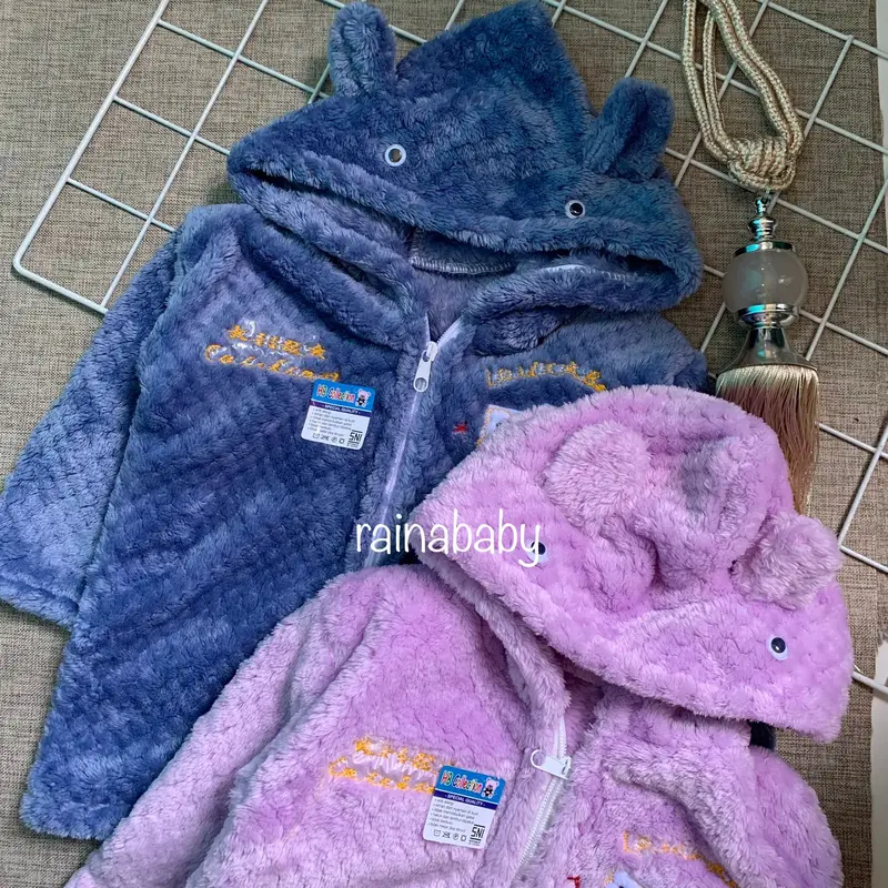 Jaket Bayi Anak Resleting Bahan Bulu Halus Kupluk Hoodie Lucu Mantel Bulu Anak Cewek Cowok Usia 6-24 bulan 1