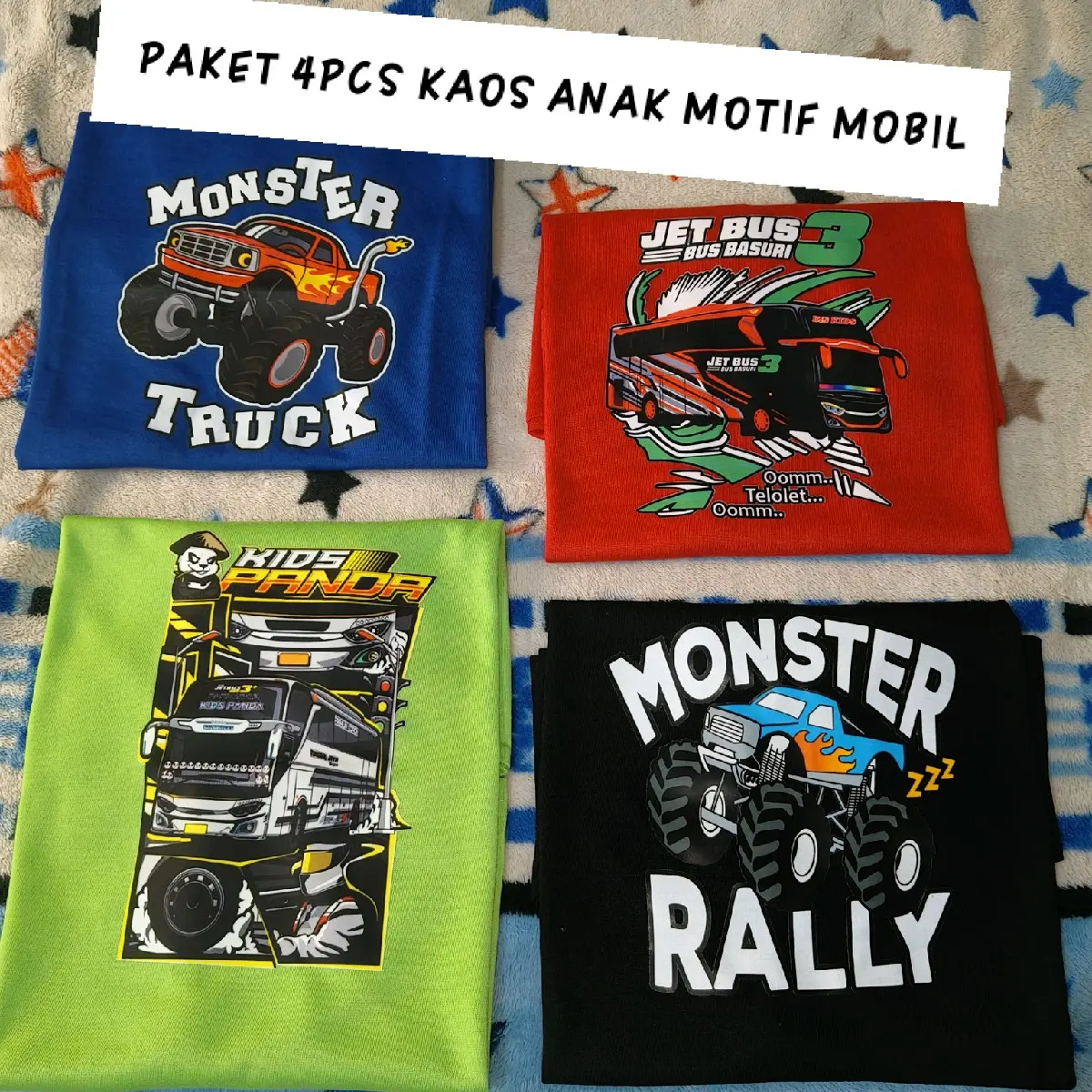 Paket 4pcs Kaos Anak Laki laki Motif Mobil Pakaian Fashion