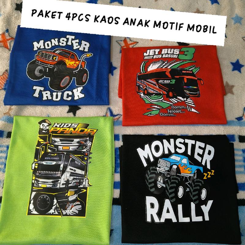 Paket 4pcs Kaos Anak Laki laki Motif Mobil Pakaian Fashion 0