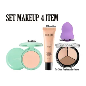 Set Makeup 4 In 1 - Bedak Padat BB Foundation Tri Colour Concealer Contour Spons Beauty Blender untuk Wajah dan Mata - Eyeshadow