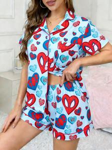 Conjunto de 2 piezas para mujer, ideal para el Día de San Valentín: top suave con estampado de araña y personaje de dibujos animados, manga corta y shorts; bolsillo pequeño y cintura elástica; adecuado para uso diario en casa y pijama.