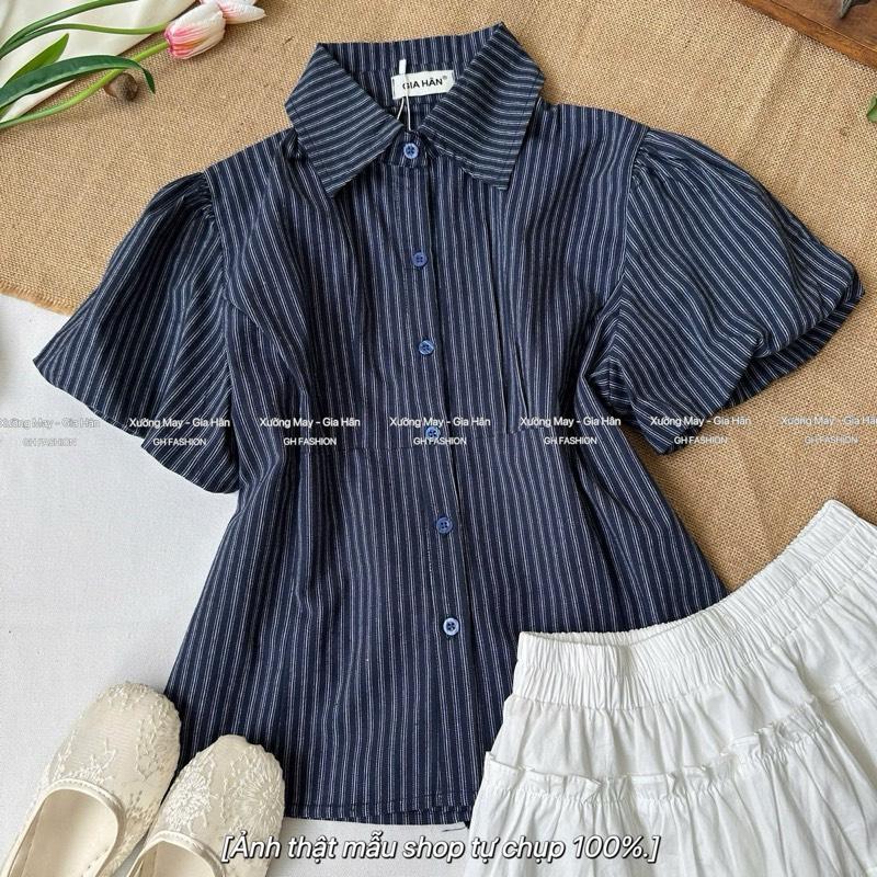  Áo Sơ Mi Kẻ Sọc Tay Phồng Dáng Ngắn Cột Eo Hàn Quốc 