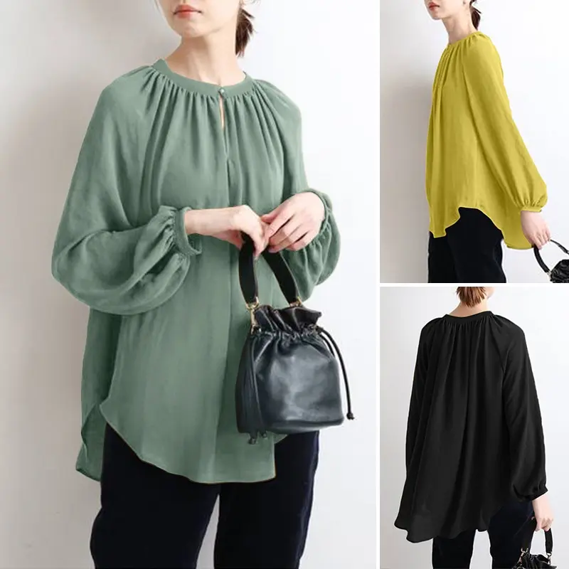 women's Muslim bajulaya large size shirt loose round neck long sleeve solid color Korean button-down shirt