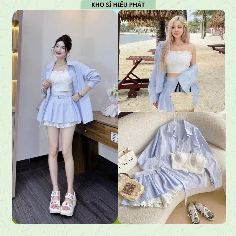 Tặng Kèm Đai Cùng Màu Set Đi Biển Kẻ Xanh Kèm Áo Bra Cúp Ngựp Sang Chảnh Phối Chân Váy Cùng Màu Viền Ren Mùa Hè 2025 by Hp