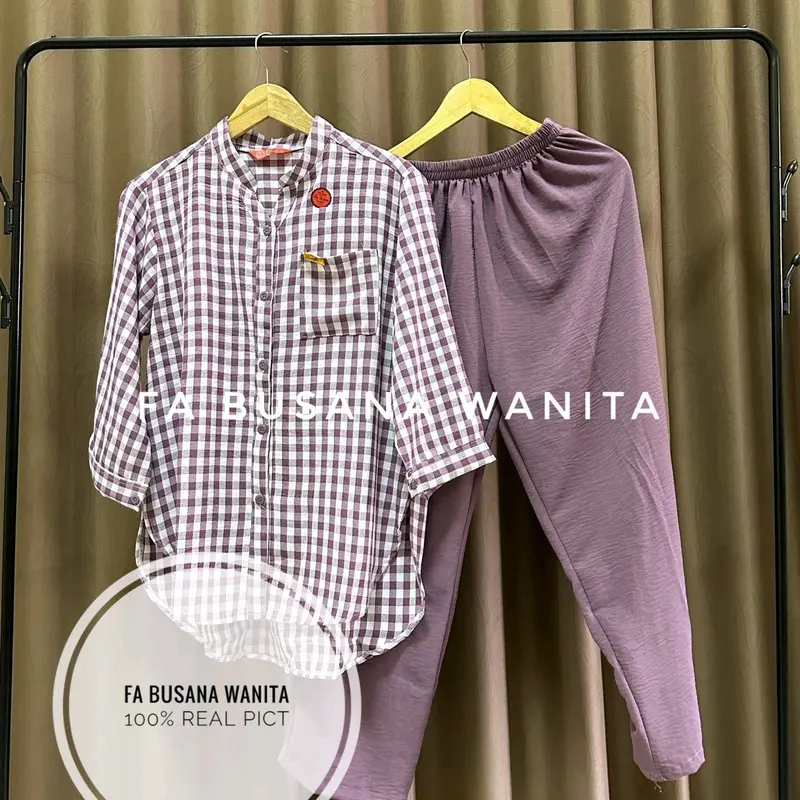 Setelan wanita jumbo bahan crinkle airflow Lembut baju Atasan Kancing depan Celana panjang Karet 7